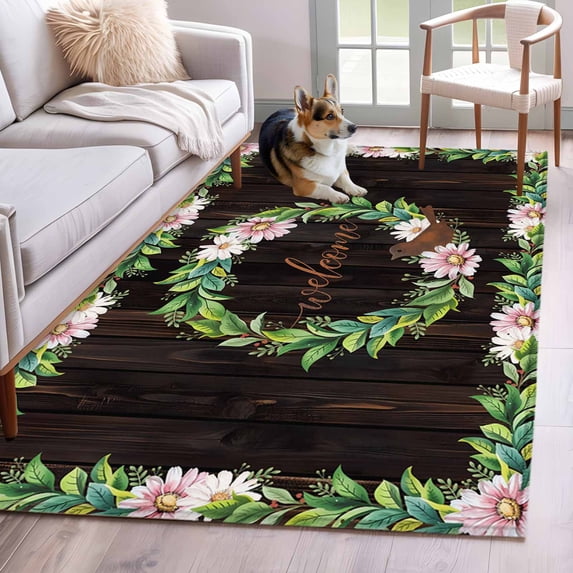 Area Rugs 2.7'x5', Spring Botanical Carpet for Living Room Bedroom Dining Room, Garden Birds Floral Leaves Brown Wood Throw Kitchen Rugs Non Slip Washable Rectangle Indoor Outdoor Rugs