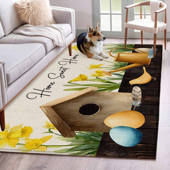 Area Rugs 2.7'x5', Spring Carpet for Living Room Bedroom Dining Room, Farmhouse Birds Cages Eggs Botanical Flowers Throw Kitchen Rugs Non Slip Washable Rectangle Indoor Outdoor Rugs