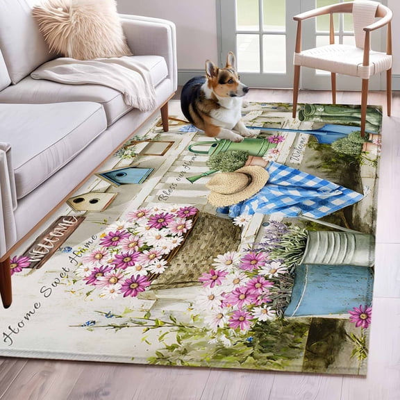 Area Rugs 2.7'x5', Spring Daisy Carpet for Living Room Bedroom Dining Room, Flowers Farmhouse Leaves Floral Pots Countryside Throw Kitchen Rugs Non Slip Washable Rectangle Indoor Outdoor Rugs