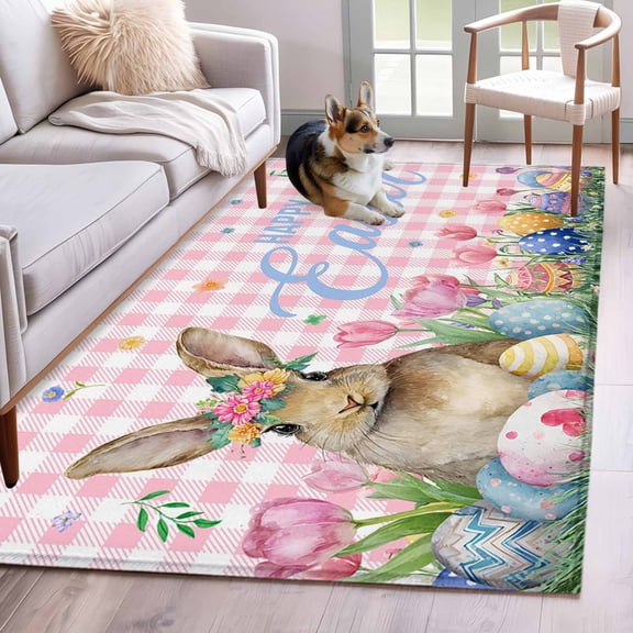 Area Rugs 2.7'x5', Spring Easter Bunny Carpet for Living Room Bedroom Dining Room, Pink Plaid Tulip Botanical Eggs Throw Kitchen Rugs Non Slip Washable Rectangle Indoor Outdoor Rugs