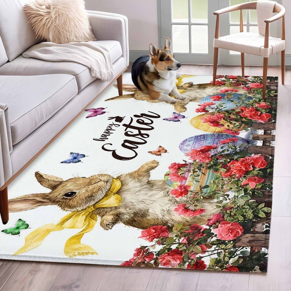 Area Rugs 2.7'x5', Spring Easter Bunny Carpet for Living Room Bedroom Dining Room, Red Floral Botanical Easter Eggs Throw Kitchen Rugs Non Slip Washable Rectangle Indoor Outdoor Rugs