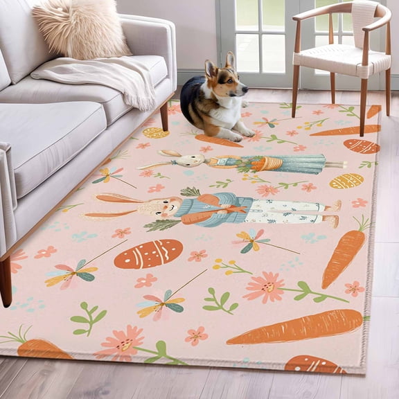 Area Rugs 2.7'x5', Spring Easter Carpet for Living Room Bedroom Dining Room, Bunny Carrots Eggs Floral Botanical Pink Throw Kitchen Rugs Non Slip Washable Rectangle Indoor Outdoor Rugs