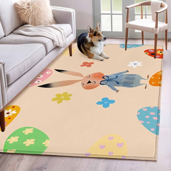 Area Rugs 2.7'x5', Spring Easter Carpet for Living Room Bedroom Dining Room, Bunny Colorful Eggs Floral Beige Throw Kitchen Rugs Non Slip Washable Rectangle Indoor Outdoor Rugs