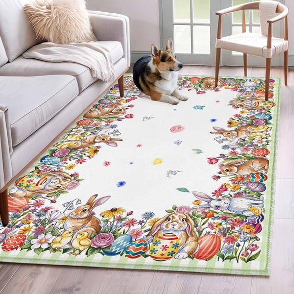 Area Rugs 2.7'x5', Spring Easter Carpet for Living Room Bedroom Dining Room, Colorful Eggs Botanical Bunny Plaid Throw Kitchen Rugs Non Slip Washable Rectangle Indoor Outdoor Rugs