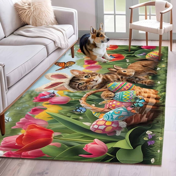 Area Rugs 2.7'x5', Spring Easter Carpet for Living Room Bedroom Dining Room, Easter Eggs Cats Bunny Tulips Farmhouse Throw Kitchen Rugs Non Slip Washable Rectangle Indoor Outdoor Rugs