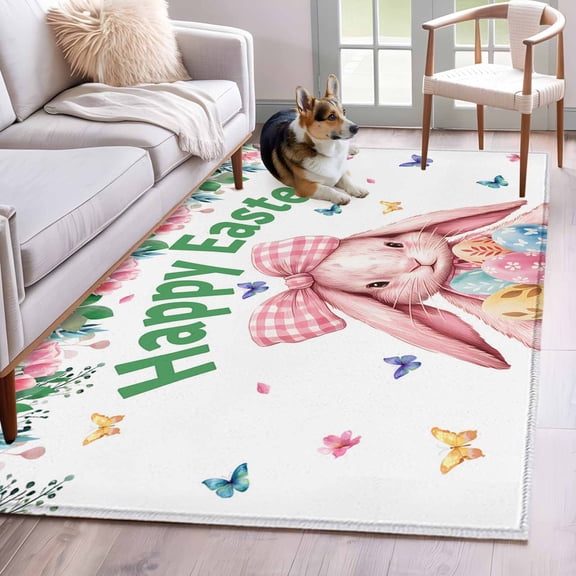 Area Rugs 2.7'x5', Spring Easter Carpet for Living Room Bedroom Dining Room, Pink Cute Rabbits Flowers Eggs Butterflies Plants Throw Kitchen Rugs Non Slip Washable Rectangle Indoor Outdoor Rugs