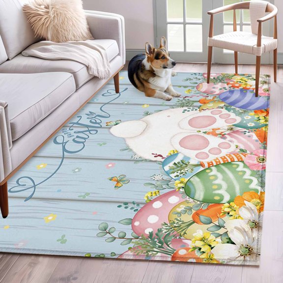 Area Rugs 2.7'x5', Spring Easter Carpet for Living Room Bedroom Dining Room, Rabbit Ears Foot Colorful Eggs Wooden Plank Throw Kitchen Rugs Non Slip Washable Rectangle Indoor Outdoor Rugs