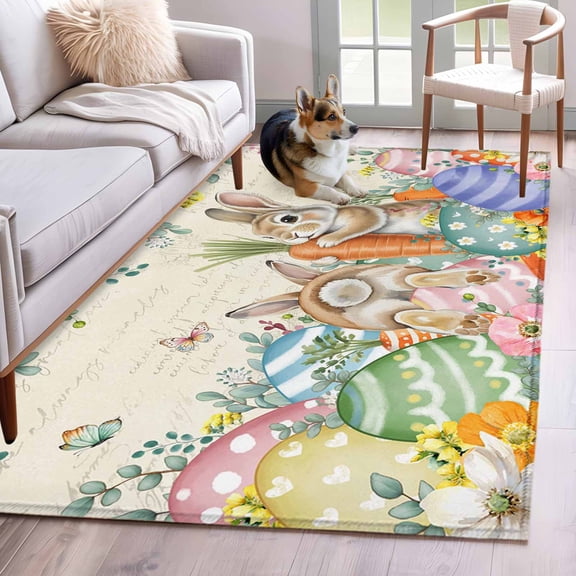Area Rugs 2.7'x5', Spring Easter Carpet for Living Room Bedroom Dining Room, Rabbits Eggs Eucalyptus Branches Flowers Throw Kitchen Rugs Non Slip Washable Rectangle Indoor Outdoor Rugs