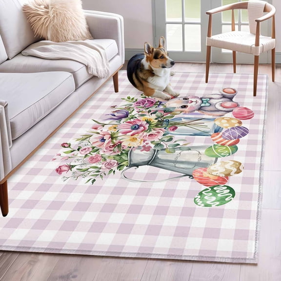 Area Rugs 2.7'x5', Spring Easter Carpet for Living Room Bedroom Dining Room, Watercolor Floral Rabbits Eggs Purple Plaid Throw Kitchen Rugs Non Slip Washable Rectangle Indoor Outdoor Rugs