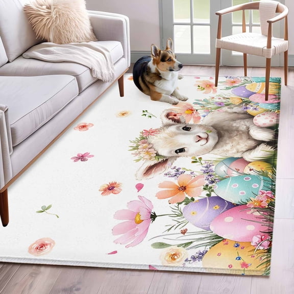 Area Rugs 2.7'x5', Spring Easter Sheep Carpet for Living Room Bedroom Dining Room, Colorful Eggs Floral Botanical Throw Kitchen Rugs Non Slip Washable Rectangle Indoor Outdoor Rugs