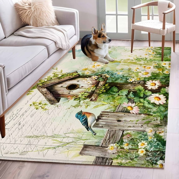Area Rugs 2.7'x5', Spring Floral Carpet for Living Room Bedroom Dining Room, Birds Cabin Daisy Watercolor Botanical Throw Kitchen Rugs Non Slip Washable Rectangle Indoor Outdoor Rugs