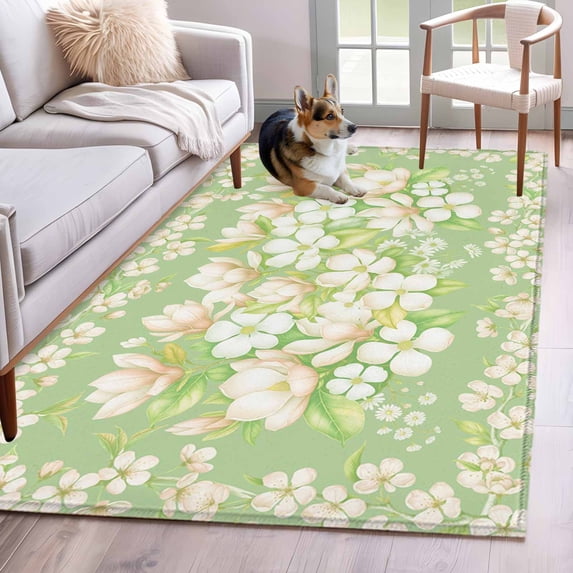 Area Rugs 2.7'x5', Spring Floral Carpet for Living Room Bedroom Dining Room, Watercolor Orchid Flowers Leaves Botanical Green Throw Kitchen Rugs Non Slip Washable Rectangle Indoor Outdoor Rugs