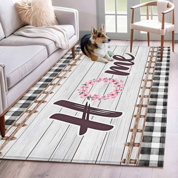Area Rugs 2.7'x5', Spring Flowers Carpet for Living Room Bedroom Dining Room, Farmhouse Watercolor Black Plaid Wood Grain Throw Kitchen Rugs Non Slip Washable Rectangle Indoor Outdoor Rugs