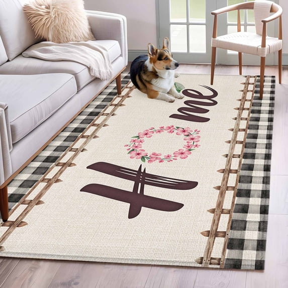 Area Rugs 2.7'x5', Spring Flowers Carpet for Living Room Bedroom Dining Room, Vintage Watercolor Black Plaid on Linen Throw Kitchen Rugs Non Slip Washable Rectangle Indoor Outdoor Rugs