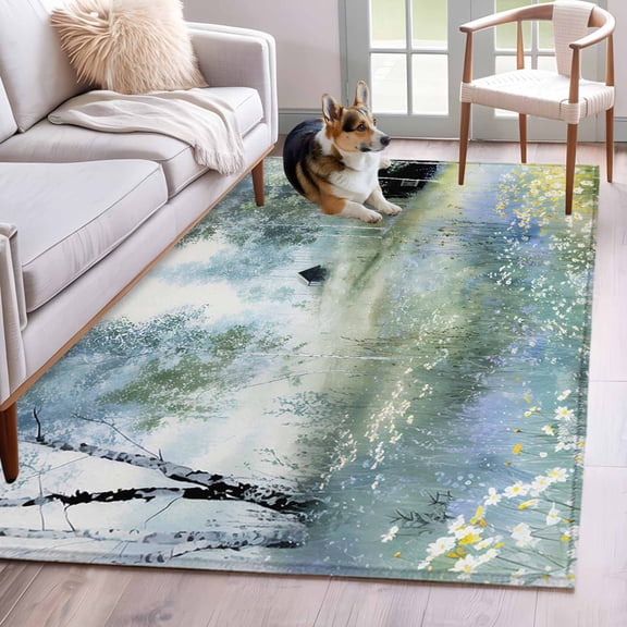 Area Rugs 2.7'x5', Spring Grey Green Carpet for Living Room Bedroom Dining Room, Country Oil Painting Cabin Flowers Trees Throw Kitchen Rugs Non Slip Washable Rectangle Indoor Outdoor Rugs