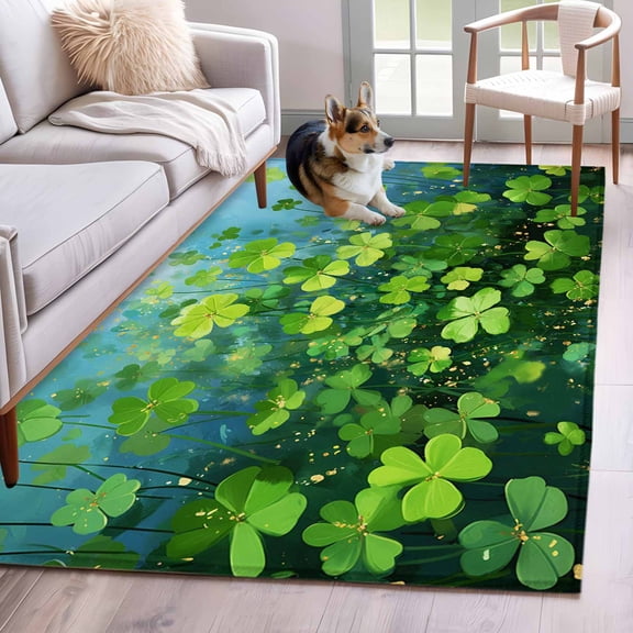 Area Rugs 2.7'x5', St. Patrick's Day Carpet for Living Room Bedroom Dining Room, Farmhouse Spring Green Clovers Plants Throw Kitchen Rugs Non Slip Washable Rectangle Indoor Outdoor Rugs