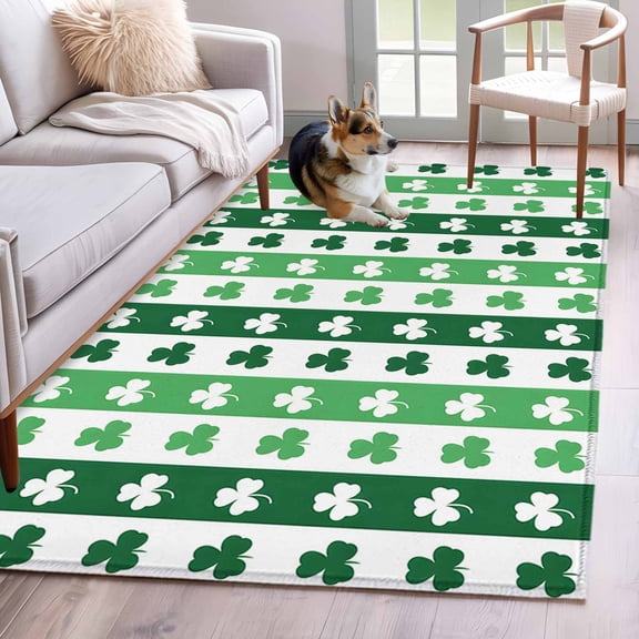 Area Rugs 2.7'x5', St. Patrick's Day Carpet for Living Room Bedroom Dining Room, Green Irish Lucky Clovers Stripes Throw Kitchen Rugs Non Slip Washable Rectangle Indoor Outdoor Rugs