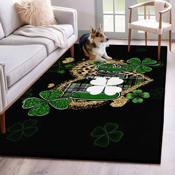 Area Rugs 2.7'x5', St. Patrick's Day Carpet for Living Room Bedroom Dining Room, Green Shamrock Leaf Gold Leopard Love Black Throw Kitchen Rugs Non Slip Washable Rectangle Indoor Outdoor Rugs