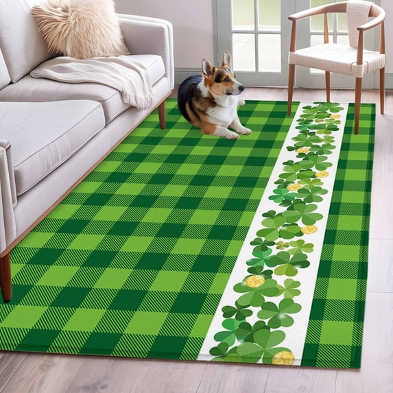 Area Rugs 2.7'x5', St. Patrick's Day Carpet for Living Room Bedroom Dining Room, Lucky Shamrock Grasses Green Plaid Throw Kitchen Rugs Non Slip Washable Rectangle Indoor Outdoor Rugs