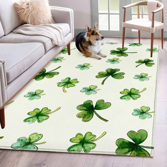 Area Rugs 2.7'x5', St. Patrick's Day Carpet for Living Room Bedroom Dining Room, Spring Botanical Green Clovers Leaves Throw Kitchen Rugs Non Slip Washable Rectangle Indoor Outdoor Rugs