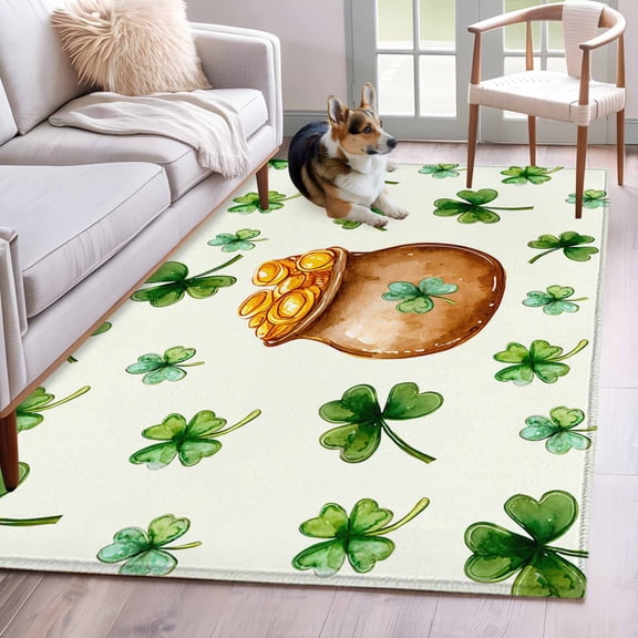 Area Rugs 2.7'x5', St. Patrick's Day Carpet for Living Room Bedroom Dining Room, Spring Gold Coin Botanical Clovers Leaves Throw Kitchen Rugs Non Slip Washable Rectangle Indoor Outdoor Rugs