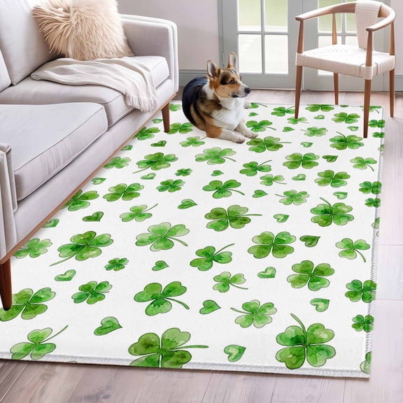 Area Rugs 2.7'x5', St. Patrick's Day Carpet for Living Room Bedroom Dining Room, Watercolor Lucky Clovers Green Throw Kitchen Rugs Non Slip Washable Rectangle Indoor Outdoor Rugs