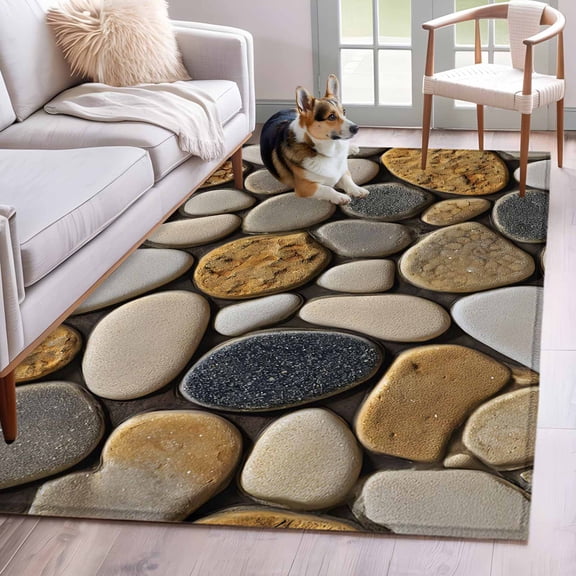 Area Rugs 2.7'x5', Stones Carpet for Living Room Bedroom Dining Room, Gravel Rock Cobblestone Natural Pattern Art Throw Kitchen Rugs Non Slip Washable Rectangle Indoor Outdoor Rugs