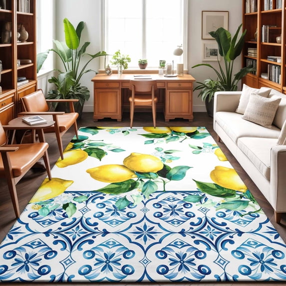 Area Rugs 2.7'x5', Summer Lemon Carpet Runner Indoor Outdoor Rugs Home Decor Aesthetic, Green Botanical Blue and White Porcelain Non Slip Mats Washable Accent Rug for Living Room Bedroom