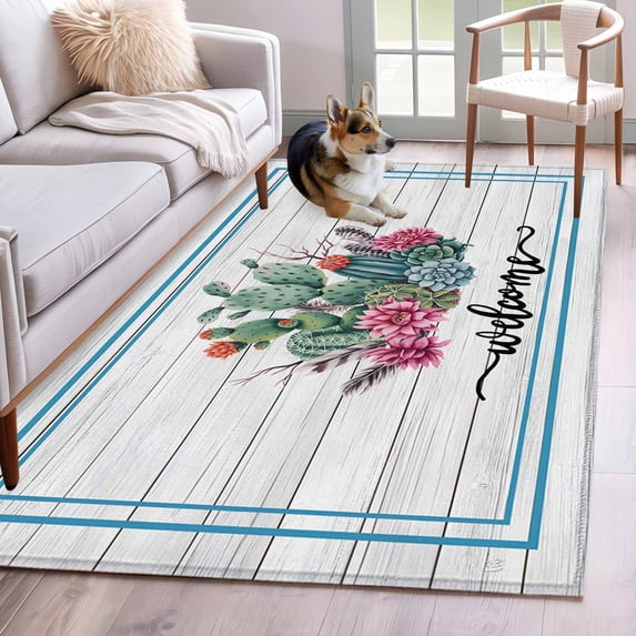 Area Rugs 2.7'x5', Summer Tropical Plants Carpet for Living Room Bedroom Dining Room, Farmhouse Cactus Wooden Grain Throw Kitchen Rugs Non Slip Washable Rectangle Indoor Outdoor Rugs