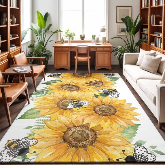 Area Rugs 2.7'x5', Sunflower Carpet Runner Indoor Outdoor Rugs Home Decor Aesthetic, Green Botanical Yellow Floral Summer Non Slip Mats Washable Accent Rug for Living Room Bedroom