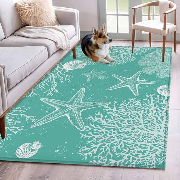 Area Rugs 2.7'x5', Teal Coastal Carpet for Living Room Bedroom Dining Room, Starfish Coral Summer Beach Ocean Throw Kitchen Rugs Non Slip Washable Rectangle Indoor Outdoor Rugs