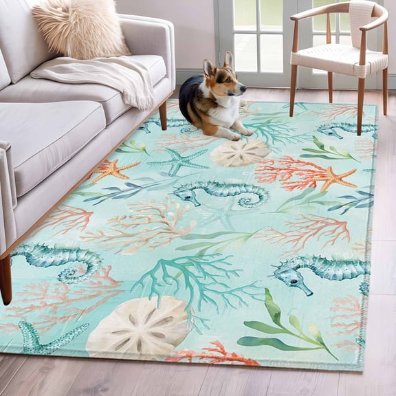 Area Rugs 2.7'x5', Teal Red Coastal Carpet for Living Room Bedroom Dining Room, Nautical Seahorse Beach Coral Starfish Throw Kitchen Rugs Non Slip Washable Rectangle Indoor Outdoor Rugs