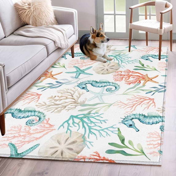 Area Rugs 2.7'x5', Teal Red Seahorse Coastal Carpet for Living Room Bedroom Dining Room, Nautical Beach Coral Starfish Throw Kitchen Rugs Non Slip Washable Rectangle Indoor Outdoor Rugs
