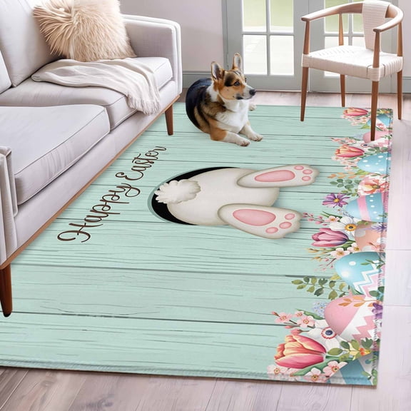 Area Rugs 2.7'x5', Turquoise Bunny Easter Carpet for Living Room Bedroom Dining Room, Blue Pink Eggs Rabbits Wooden Throw Kitchen Rugs Non Slip Washable Rectangle Indoor Outdoor Rugs