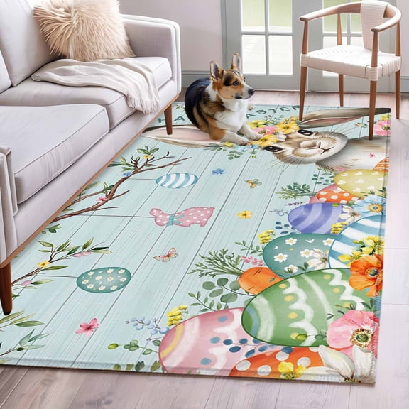 Area Rugs 2.7'x5', Turquoise Easter Bunny Carpet for Living Room Bedroom Dining Room, Spring Easter Eggs Floral Wooden Throw Kitchen Rugs Non Slip Washable Rectangle Indoor Outdoor Rugs