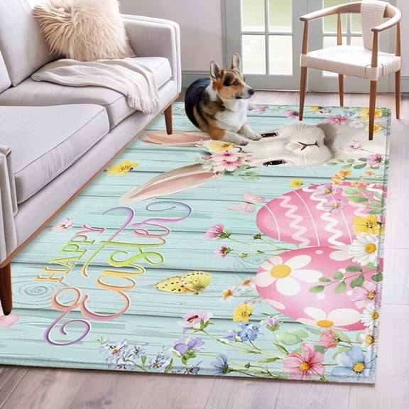 Area Rugs 2.7'x5', Turquoise Easter Carpet for Living Room Bedroom Dining Room, Spring Easter Bunny Eggs Floral Wooden Throw Kitchen Rugs Non Slip Washable Rectangle Indoor Outdoor Rugs