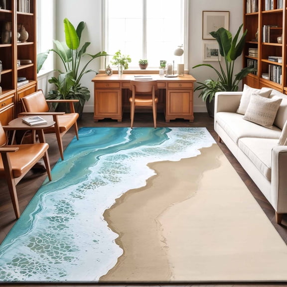 Area Rugs 2.7'x5', Turquoise Ocean Carpet Runner Indoor Outdoor Rugs Home Decor Aesthetic, Gradient Brown Shore Sandy Beach Abstract Non Slip Mats Washable Accent Rug for Living Room Bedroom