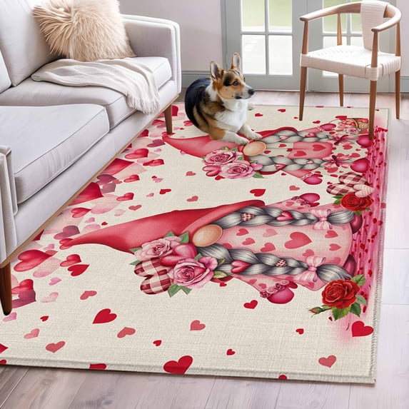 Area Rugs 2.7'x5', Valentine's Day Carpet for Living Room Bedroom Dining Room, Pink Gnomes Love Roses Romantic Beige Throw Kitchen Rugs Non Slip Washable Rectangle Indoor Outdoor Rugs