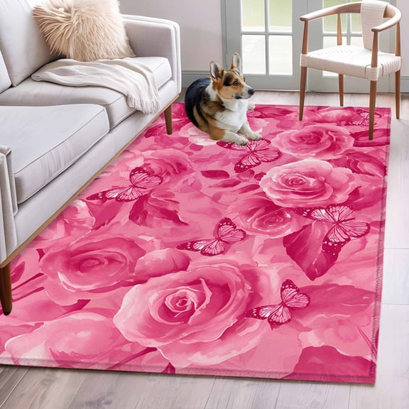 Area Rugs 2.7'x5', Valentine's Day Carpet for Living Room Bedroom Dining Room, Pink Roses Floral Butterfly Romance Throw Kitchen Rugs Non Slip Washable Rectangle Indoor Outdoor Rugs