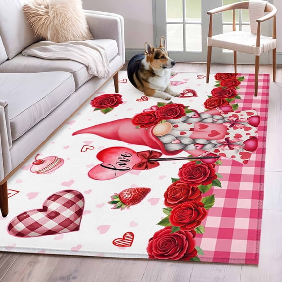 Area Rugs 2.7'x5', Valentine's Day Carpet for Living Room Bedroom Dining Room, Red Roses Gnomes Loves Romantic Plaid Throw Kitchen Rugs Non Slip Washable Rectangle Indoor Outdoor Rugs