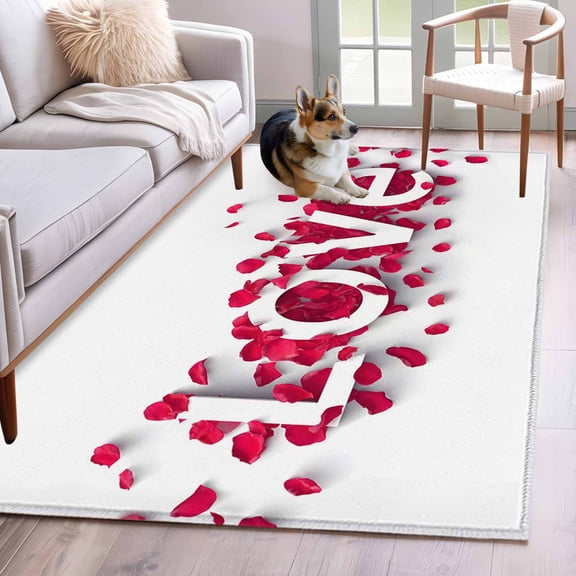 Area Rugs 2.7'x5', Valentine's Day Carpet for Living Room Bedroom Dining Room, Romantic Love Red Rose Petals Throw Kitchen Rugs Non Slip Washable Rectangle Indoor Outdoor Rugs
