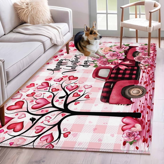 Area Rugs 2.7'x5', Valentine's Day Carpet for Living Room Bedroom Dining Room, Romantic Love Tree Truck Roses Pink Plaid Throw Kitchen Rugs Non Slip Washable Rectangle Indoor Outdoor Rugs
