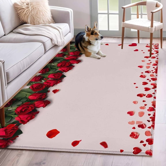 Area Rugs 2.7'x5', Valentine's Day Carpet for Living Room Bedroom Dining Room, Romantic Red Rose Petals Flowers Branches Throw Kitchen Rugs Non Slip Washable Rectangle Indoor Outdoor Rugs