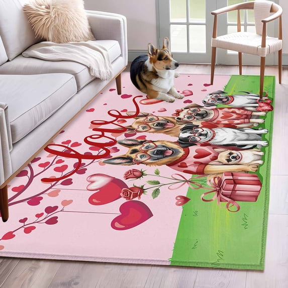 Area Rugs 2.7'x5', Valentine's Day Carpet for Living Room Bedroom Dining Room, Watercolor Funny Dogs Love Roses Spring Pink Throw Kitchen Rugs Non Slip Washable Rectangle Indoor Outdoor Rugs