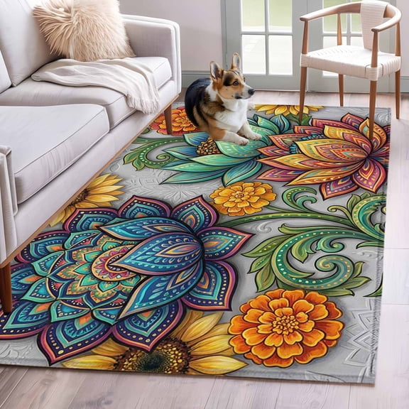 Area Rugs 2.7'x5', Vintage Floral Boho Carpet for Living Room Bedroom Dining Room, Abstract Art Modern Flowers Throw Kitchen Rugs Non Slip Washable Rectangle Indoor Outdoor Rugs