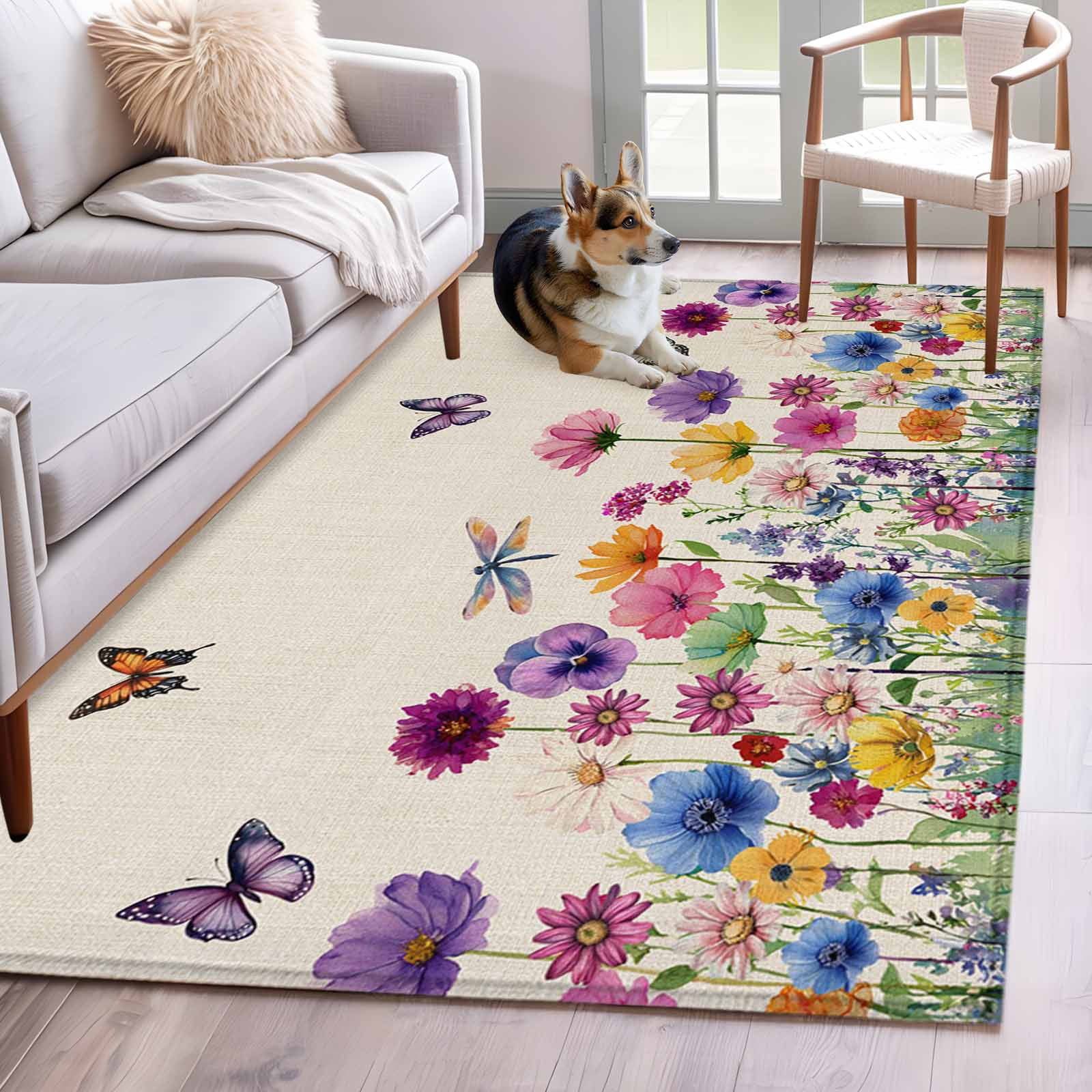 Area Rugs 2.7'x5', Vintage Flowers Carpet for Living Room Bedroom Dining Room, Watercolor Butterfly Dragonfly Daisy Beige Throw Kitchen Rugs Non Slip Washable Rectangle Indoor Outdoor Rugs