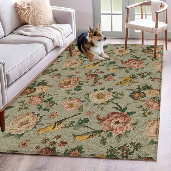 Area Rugs 2.7'x5', Vintage Spring Floral Carpet for Living Room Bedroom Dining Room, Farmhouse Flowers Green Vintage Throw Kitchen Rugs Non Slip Washable Rectangle Indoor Outdoor Rugs