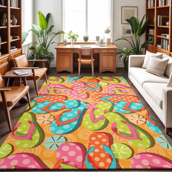 Area Rugs 2.7'x5', Watercolor Flip Flop Carpet Runner Indoor Outdoor Rugs Home Decor Aesthetic, Summer Coastal Beach Slippers Non Slip Mats Washable Accent Rug for Living Room Bedroom