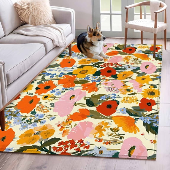 Area Rugs 2.7'x5', Watercolor Floral Carpet for Living Room Bedroom Dining Room, Spring Poppy Daisy Flowers Botanical Beige Throw Kitchen Rugs Non Slip Washable Rectangle Indoor Outdoor Rugs