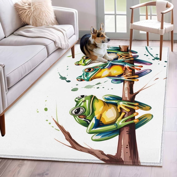 Area Rugs 2.7'x5', Watercolor Frog Carpet for Living Room Bedroom Dining Room, Spring Summer Tropical Animals Rustic Throw Kitchen Rugs Non Slip Washable Rectangle Indoor Outdoor Rugs